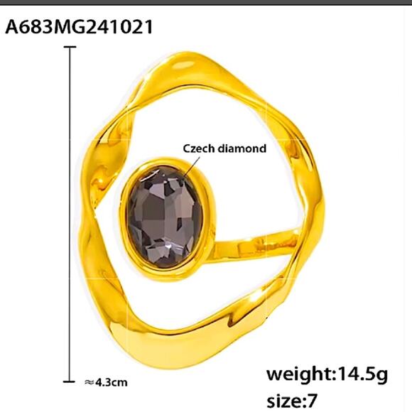 Czech Silver Crumpled Orbit Ring, Geometric Ring, Creative, Big Diamond - Picture 9 of 10